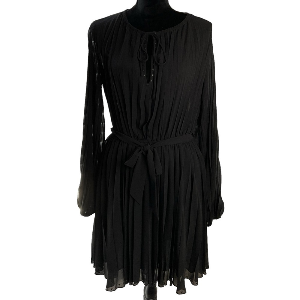 Zara Pleated Black Long Sleeve Mini Belted Dress New